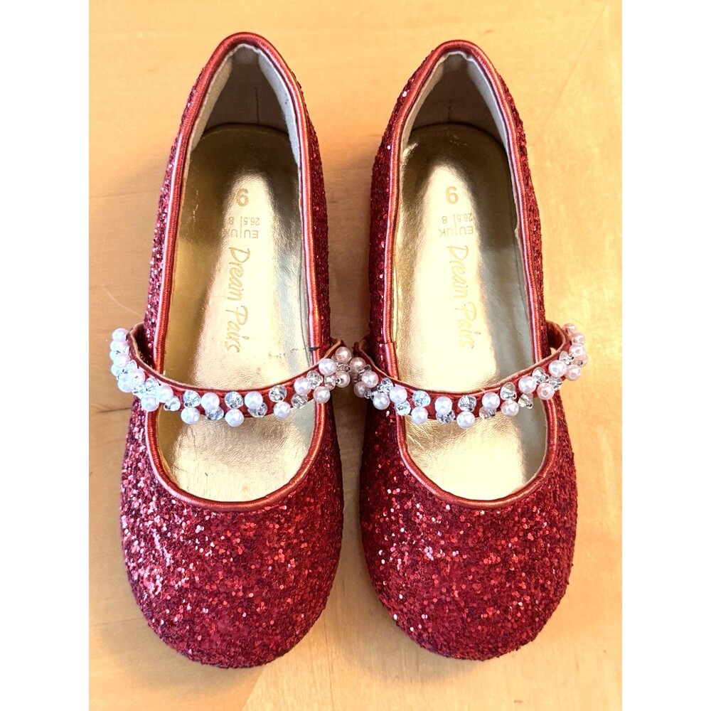 DREAM PAIRS Toddler Girls Size 9 Mary Jane Shoes Red Glitter Pearls Rhinestones